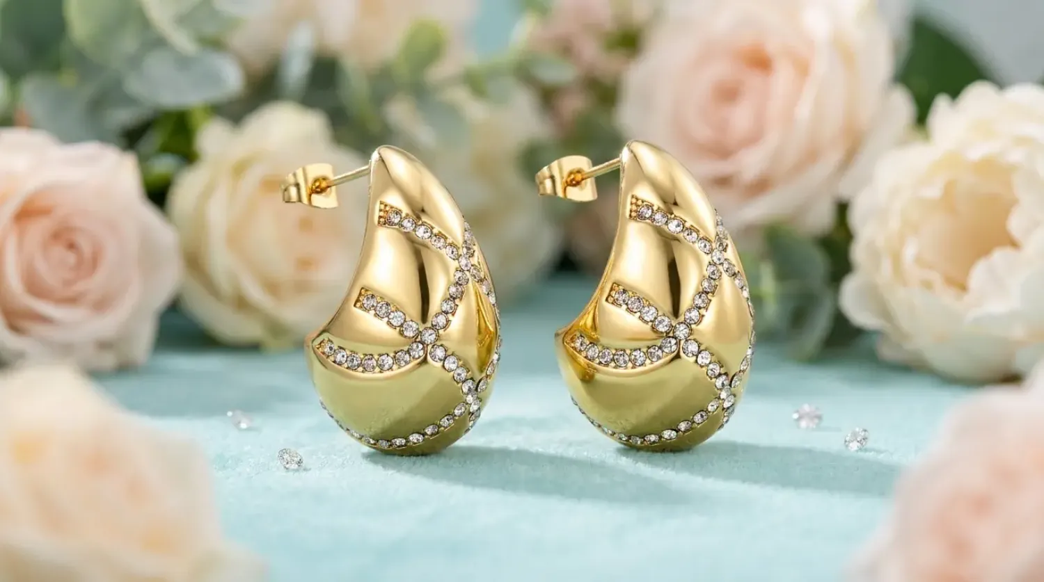 Preview: Luxuriöse tropfenförmige Ohrstecker mit weißen Zirkonia – 18K vergoldet
